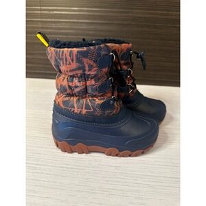 Kids Navy Blue and Orange Patterned Winter Snow Boots Size 11/12
